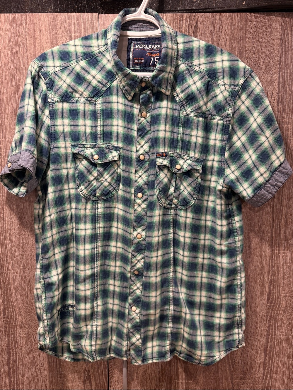 Jack & Jones Green and White Plaid Short-Sleeve Button-Down Shirt